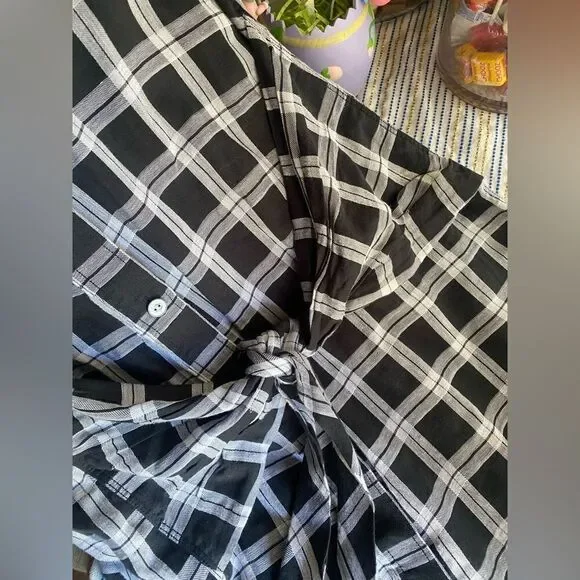 Rag & Bone Plaid Tie Front Button Down Shirt Dress Sz M Black White Long Sleeve - Picture 11 of 11
